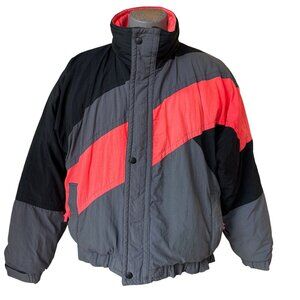 Vintage 80s Colorblock Down-Filled‎ Winter Jacket Black Gray Pink Large Retro